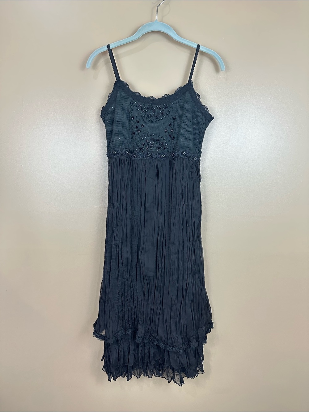 Vintage 2007 Vasna Desire Black Beaded Lace Ruffle Dress Y2K Whimsigoth Boho